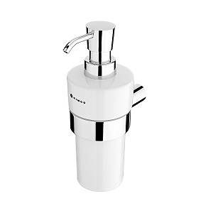 Chrome Soap dispenser, plastic pump Soap dispenser. Plastic pump with chrome surface finish. Ceramic container. Volume 300 ml.