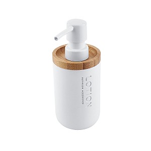 White Soap dispenser, plastic pump Soap dispenser. White color. Made of polyresin, bamboo. Volume is 270 ml.