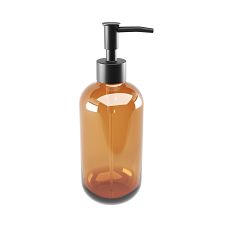 Brown Liquid soap dispenser, plastic pump Liquid soap dispenser made of translucent brown glass with a glossy finish. Plastic pump in matte black. Capacity 370 ml.