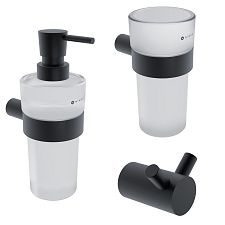 Black Bathroom set, glass containers Bathroom set 3-in-1. Soap dispenser, toothbrush holder, double towel hook.