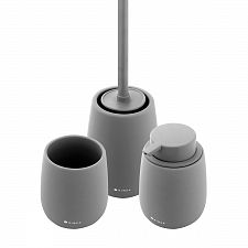 Soap dispenser, toothbrush cup, toilet brush holder The set includes a liquid soap dispenser, a toothbrush cup and a toilet brush. Ceramic dark gray matte containers. Volume 425 ml. Plastic pump. Stainless steel brush handle. Soft-touch Surface.