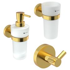 Brushed gold Bathroom Set Set of bathroom accessories for the sink. Wall-mounted liquid soap dispenser, toothbrush holder and double towel hook from the Nimco Unix bathroom accessories series.