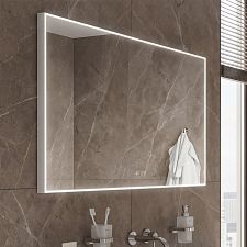 White White LED mirror 120 x 70, touch sensor Rectangular bathroom LED mirror with frame 120x70. Matt white color. All-round lighting. Color and brightness adjustment with sensor with memory. Switching on with sensor and wall switch.