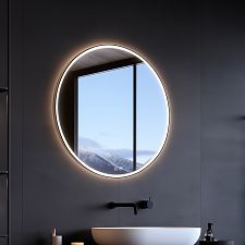 Black BLACK ROUND LED mirror dia. 700 with two touch sensor Illuminated ROUND bathroom LED mirror. Output  W. Possibility of setting color temperature 3000 - 6500 K. The possibility of setting the luminosity intensity.  Lumen.