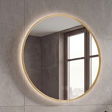 Brushed gold LED mirror with backlight, diameter 800, touch sensor Round LED mirror with gold cone frame and backlighting, diameter 80. Color and brightness adjustment with a sensor with memory. Switched on by sensor and wall switch.