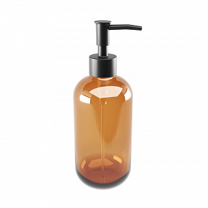 Brown Liquid soap dispenser, plastic pump Liquid soap dispenser made of translucent brown glass with a glossy finish. Plastic pump in matte black. Capacity 370 ml.