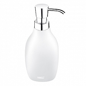White Soap dispenser, plastic pump Soap dispenser made of polyresin. Plastic pump with chrome surface finish. Volume 280 ml, white.