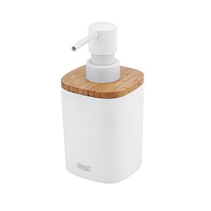 White Soap dispenser, plastic pump Soap dispenser. Sandy beige color. Made of polyresin, bamboo. Volume is 270 ml.