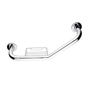 Stainless steel polished Angled grab bar with soap dish 433x25 mm Safety angled grab bar with a soap dish for bath or shower.
