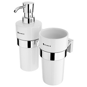 Chrome Soap dispenser and cup, plastic pump Soap dispenser and cup holder. Ceramic containers. Volume 300 ml. Plastic pump with chrome surface finish.