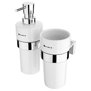 Chrome Soap dispenser and cup, brass pump Soap dispenser and cup holder. Ceramic containers. Volume 300 ml. Brass pump with chrome surface finish.