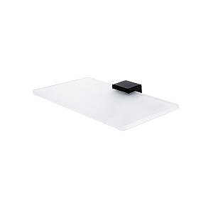 Polička do koupelny na mobil a drobnosti skleněná, sklo bílé extra čiré matné, černý úchyt, 20 cm