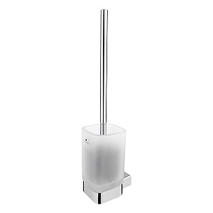 Chrome Toilet brush holder Toilet brush holder with satin glass container. Brass holder and handle, chrome surface finish.