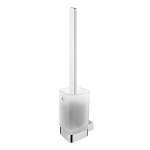 Chrome Toilet brush holder Toilet brush holder with satin glass container. Brass holder and handle, chrome surface finish.