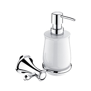 Chrome Soap dispenser, plastic pump Soap dispenser. Ceramic container 300 ml. Brass holder. Plastic pump. Chrome surface.