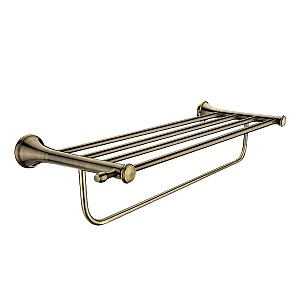 Antique brass Towel shelf with rail, 64 cm. Towel shelf with rail. Internal width for towels 53 cm. Made of brass with antique brass surface finish.