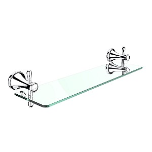 Chrome Shelf without rail, 50 cm Shelf. Clear glass. 50 cm long. Brass holders with chrome surface finish.