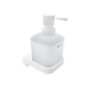 White Soap dispenser, brass pump Soap dispenser. Volume 300 ml. Satin glass container. Brass / white matte pump.
