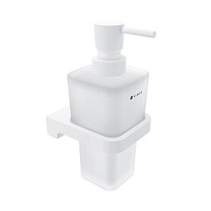 White Soap dispenser, brass pump Soap dispenser. Volume 290 ml. Satin glass container. Brass / white matte pump.