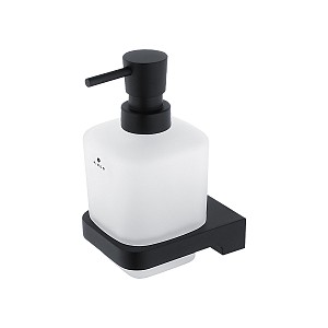 Black Soap dispenser, brass pump Soap dispenser. Volume 300 ml. Satin glass container. Brass / black matte pump.