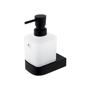 Black Soap dispenser, brass pump Soap dispenser. Volume 300 ml. Satin glass container. Brass / black matte pump and holder.