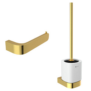 Brushed gold Bathroom Set - Toilet Brush and Paper Holder Basic set of toilet accessories. Toilet brush with ceramic wall holder and toilet paper holder from the Nimco Nikau series.