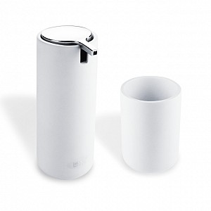 White Soap dispenser with cup Set of soap dispenser with toothbrush cup. Volume 175 ml. White color. Made of polyresin.