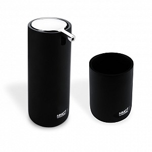 Black Soap dispenser with cup Set of soap dispenser and toothbrush cup. Volume 175 ml. Black color. Made of polyresin.