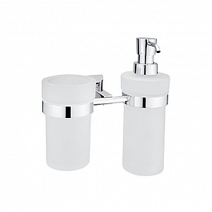 Chrome Soap dispenser and glass cup, plastic pump Double soap dispenser and cup holder, 250 ml. Satin glass containers. Plastic pump with chrome surface finish.