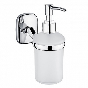 Chrome Soap dispenser, plastic pump Soap dispenser. Plastic pump with chrome surface finish. Satin glass container.