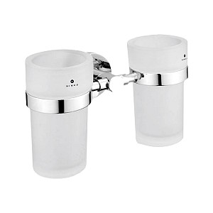 Chrome Double toothbrush holder Double cup holder. Satin glass cups.