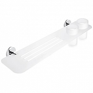 Chrome Shelf with glass cups for toothbrush Shelf with milling, with satin glass cups. Shelf made of plexiglass, satin surface. 60 cm wide.