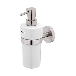 Brushed stainless steel Soap dispenser, brass pump Soap dispenser. Holder and pump made of brushed stainless steel. Ceramic container, 300 ml.
