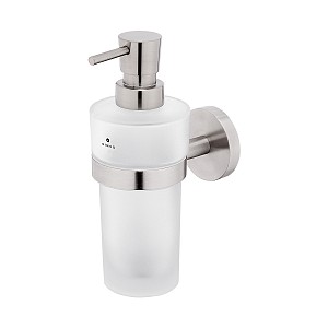 Brushed stainless steel Soap dispenser, brass pump Soap dispenser. Holder and pump made of brushed stainless steel. Satin glass container, 250 ml.