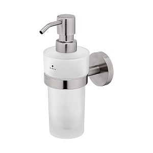 Brushed stainless steel Soap dispenser, plastic pump Soap dispenser. Holder and pump made of brushed stainless steel. Satin glass container, 250 ml.