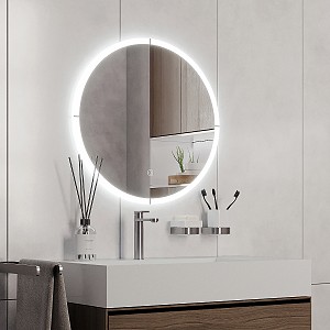 Aluminium ROUND LED mirror dia. 600 with touch sensor Illuminated ROUND bathroom LED mirror. Output 28 W. Possibility of setting color temperature 3000 - 6500 K. 2016 Lumens.