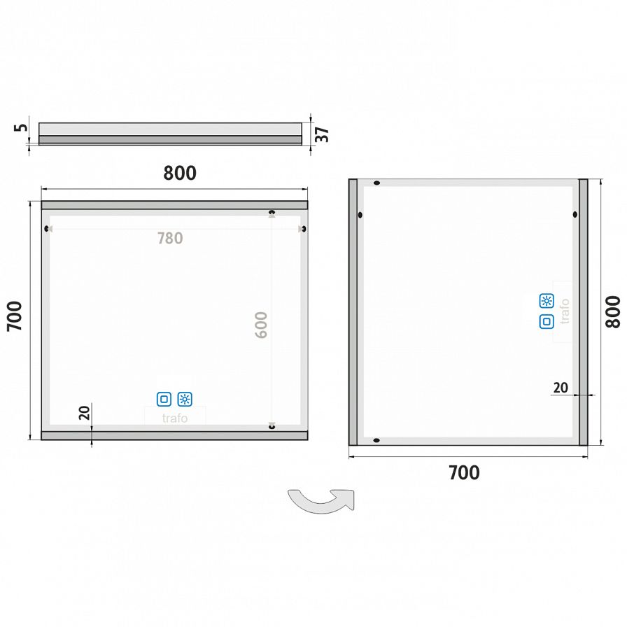 LED zrcadlo 800x700 se dvěma dotykovými senzory