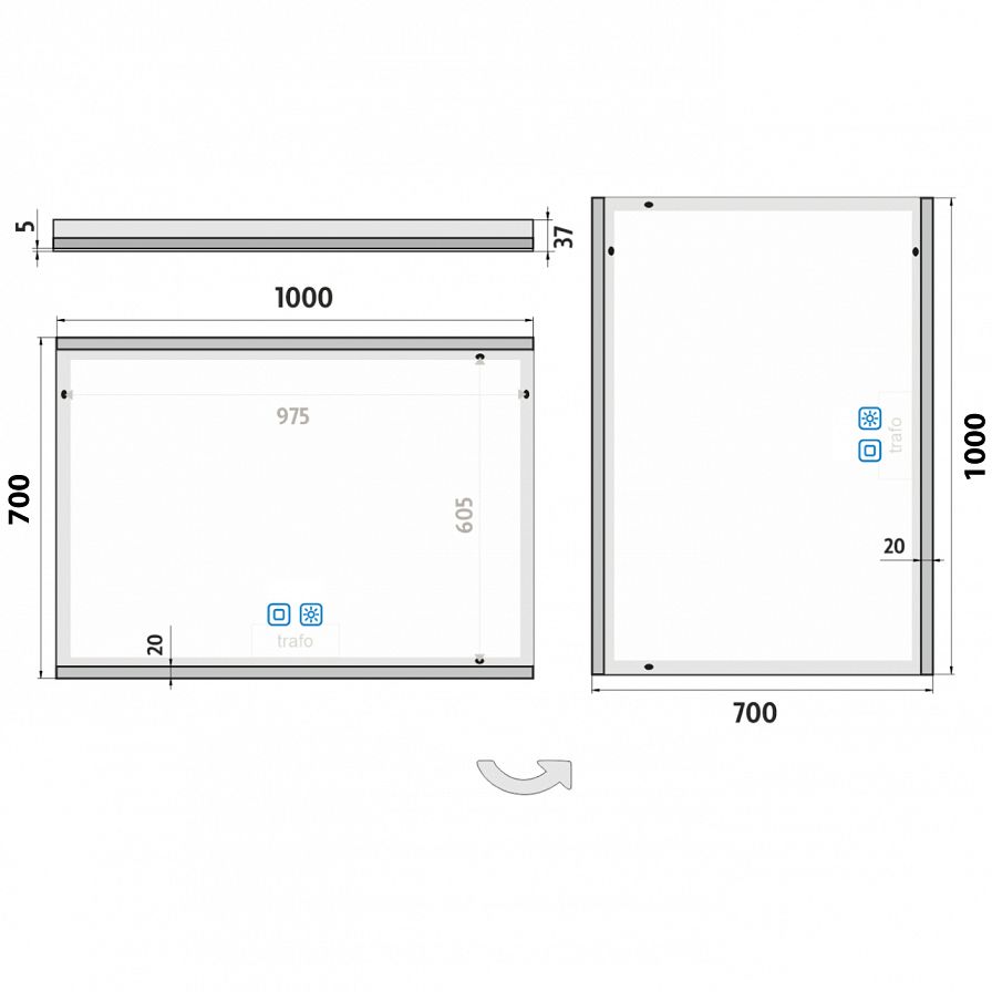 LED zrcadlo 1000x700 se dvěma dotykovými senzory