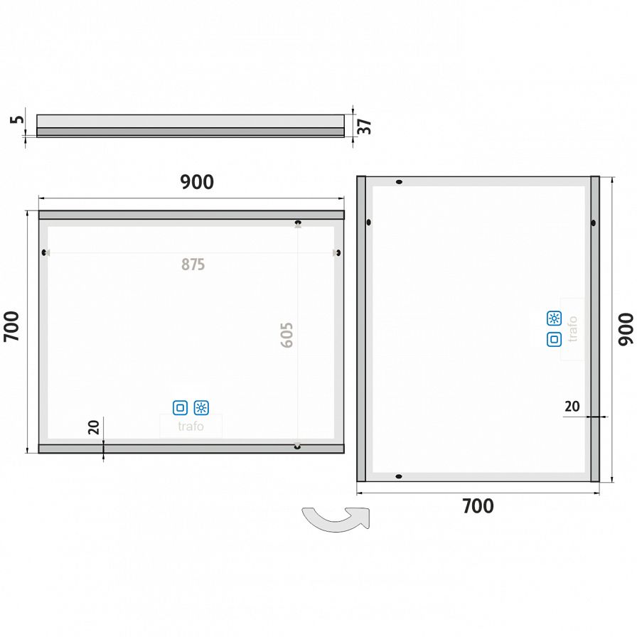 LED zrcadlo 900x700 se dvěma dotykovými senzory