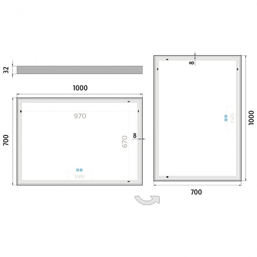 LED zrcadlo 1000x700 se dvěma dotykovými senzory