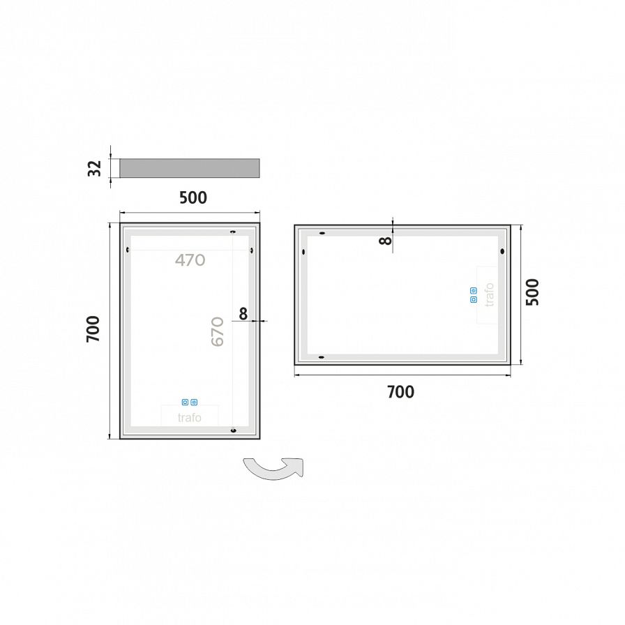 Bílé LED zrcadlo 500x700 se dvěma dotykovými senzory