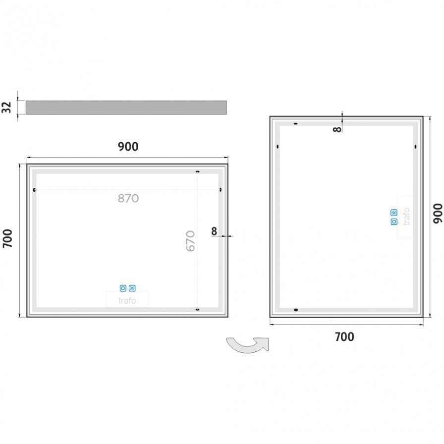 Bílé LED zrcadlo 900x700 se dvěma dotykovými senzory