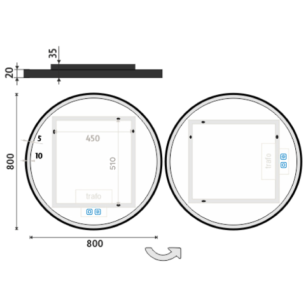 Černé kulaté LED zrcadlo pr. 800 se dvěma dotykovými senzory